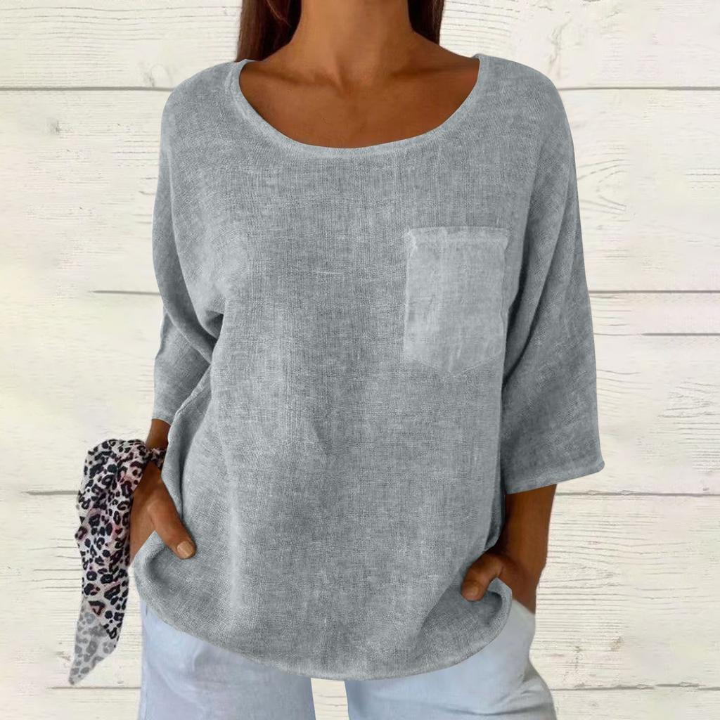 Женская мода однотонная свободная футболка с круглым вырезом и рукавом семь четвертей