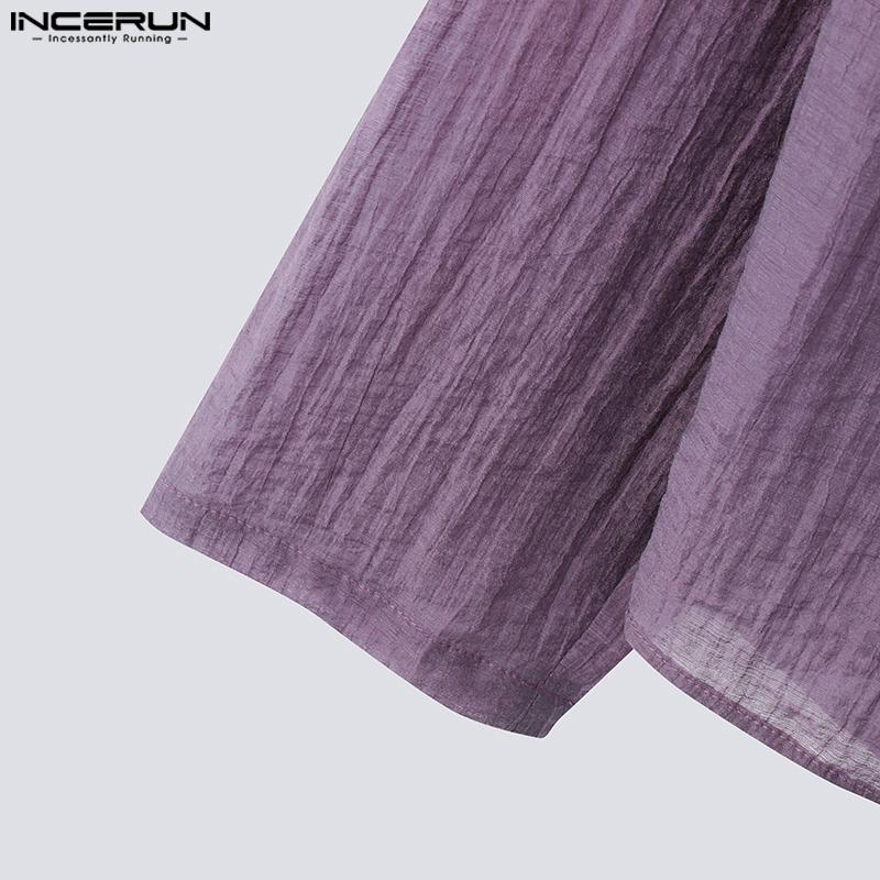 INCERUN Men Lapel Neck Long Sleeve Lace Hem Ruffled Casual See Through Shirts Tops