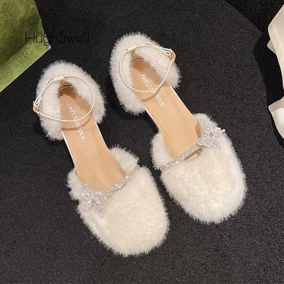 Мода Блестящие Стразы Бабочка Ремень Норковая Обувь Сандалии Женские Элегантные Белые Пушистые Туфли на Ремешке на Щиколотке Дамские Низкий Каблук Плюшевые Вечерние Туфли