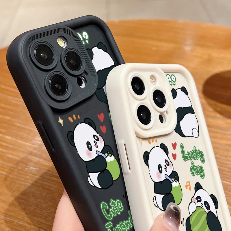 Lucky Panda Pattern Solid Color Shell для iPhone 16 Pro 15 14 Plus 13 12 Pro Max 11 Xs Xr 8 7 Ударопрочный мягкий TPU защитный чехол для объектива от падений