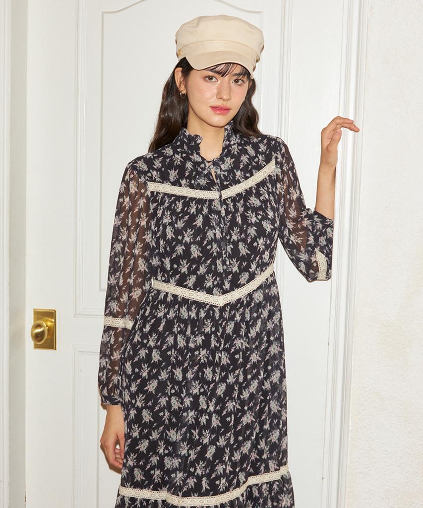 SALON DE YOHN Chiffon Lace Long Dress_ Black