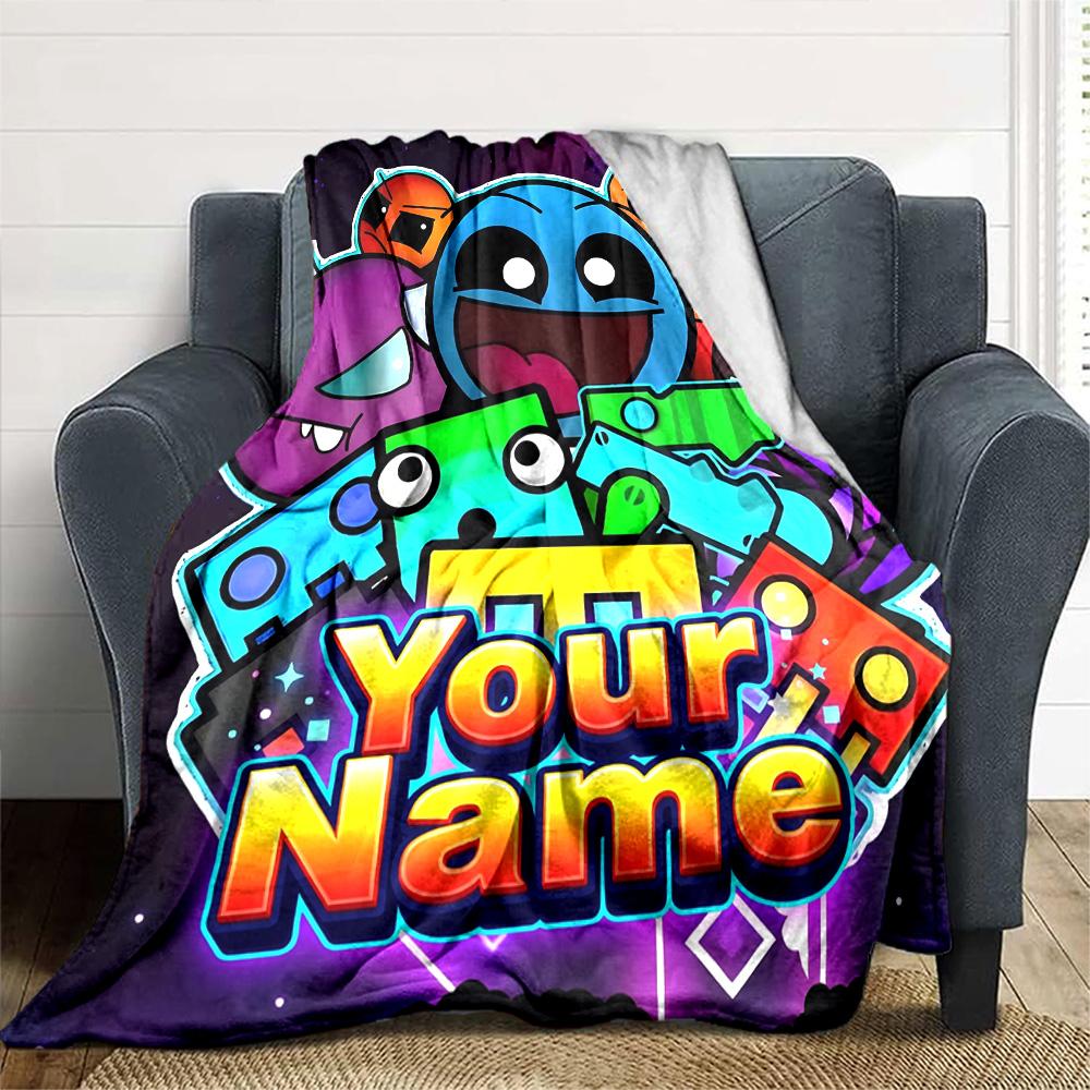 1pc Geometry Dash Blanket with Custom Name, Gift, for Men and Women, Soft Blanket, Good for Sofa Bed Couch Travel, Lightweight Flannel Blanket