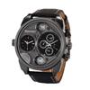 Oulm Men's Watch with Large Dial and Dual Time Zone Fashionable Genuine Leather Quartz Watch