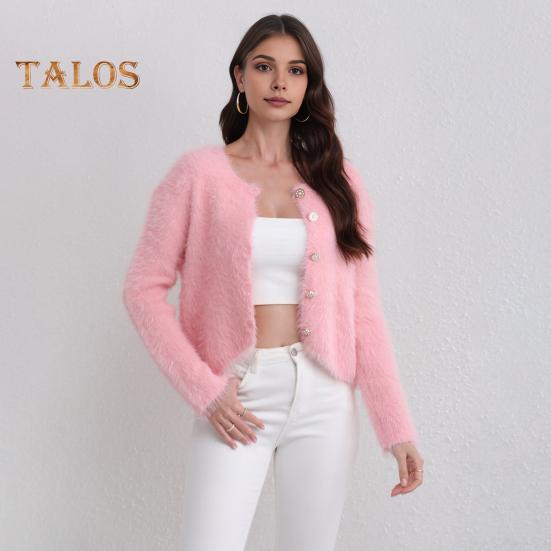 Auutmn Winter Lady Cardigan Coat Furry Plush Single-breasted U Neck Long Sleeves Thickened Solid Color Faux Fur Knitted Sweater Jacket