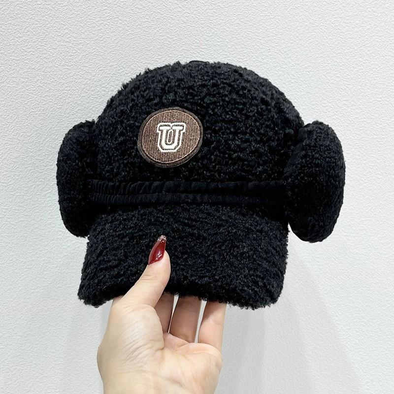 Imitation Lamb Wool Baseball Cap Girls Winter Thickened Warm Ear Protection Hat Versatile Letter Soft Plush Caps Solid Color