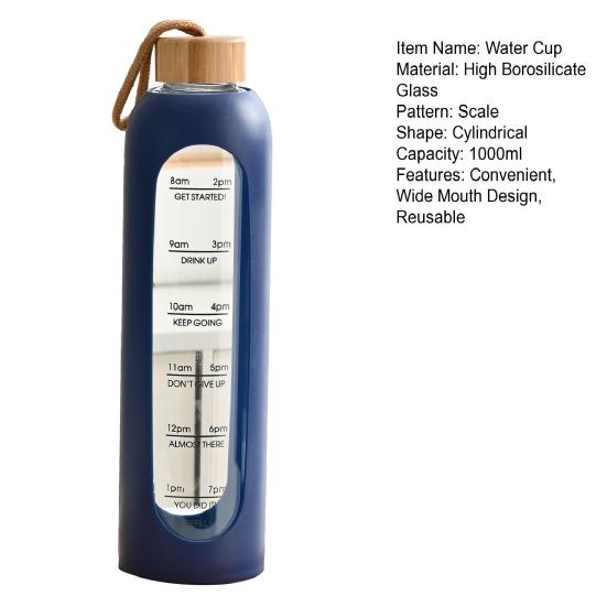 Стеклянная Бутылка для Воды 1 Литр Питьевая Бутылка с Отметками Времени Силиконовый Чехол Герметичная Крышка с Носиком Широкое Горлышко Стакан для Воды