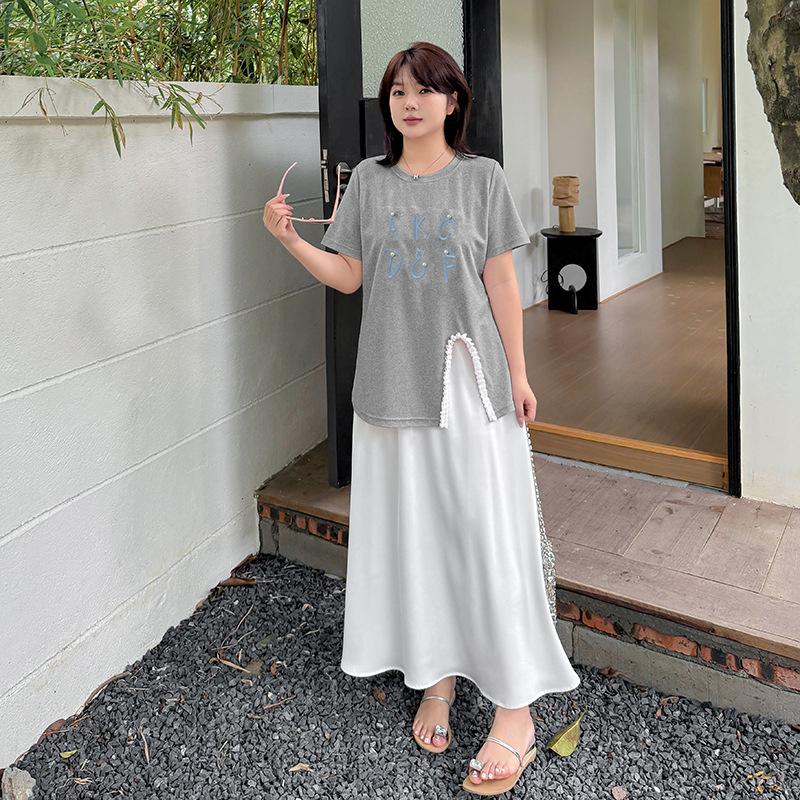 Large size women's clothing sweet lace embroidered crew neck T-shirt summer new beaded loose top 262577