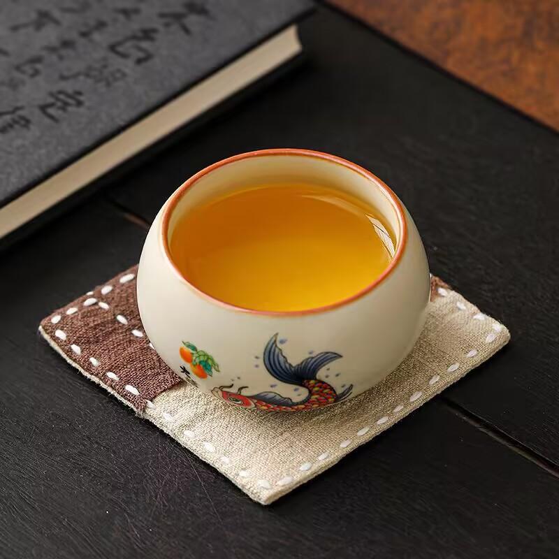 Beige Ru Kiln Goldfish Full Hall Teacup Master Cup Kung Fu Tea Set Personal Special Ceramic Tea Cup Hospitality Cup