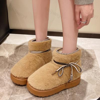 Мода 2024 Зима Новая Мода Бант Женские Сапоги Дизайнерские Короткие Плюшевые Снежные Сапоги Женские Пушистые Сапоги до Середины Икры Платформа Хлопковая Обувь