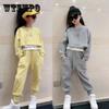 Girls' Spring and Autumn Suit Children's Leisure Suit Sports Sets Sweater Fake Two Pieces Solid Color Loose Two Pieces