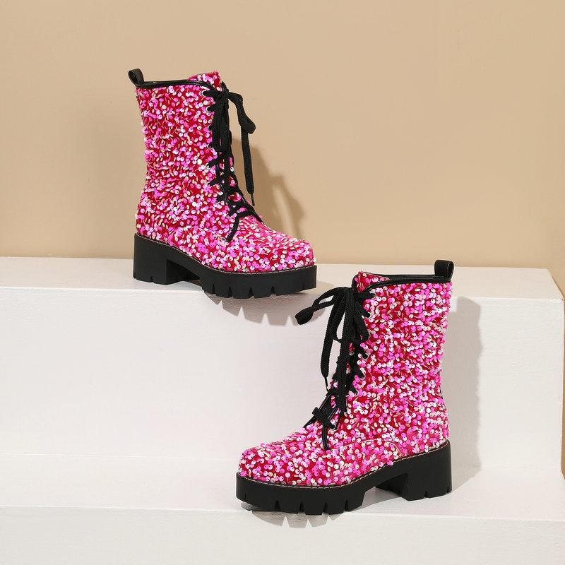 Sequins Glitter Party Goth Shoes For Women Shiny Lace-up Platform Chunky Heels Ankle Boots Wedding Shoes