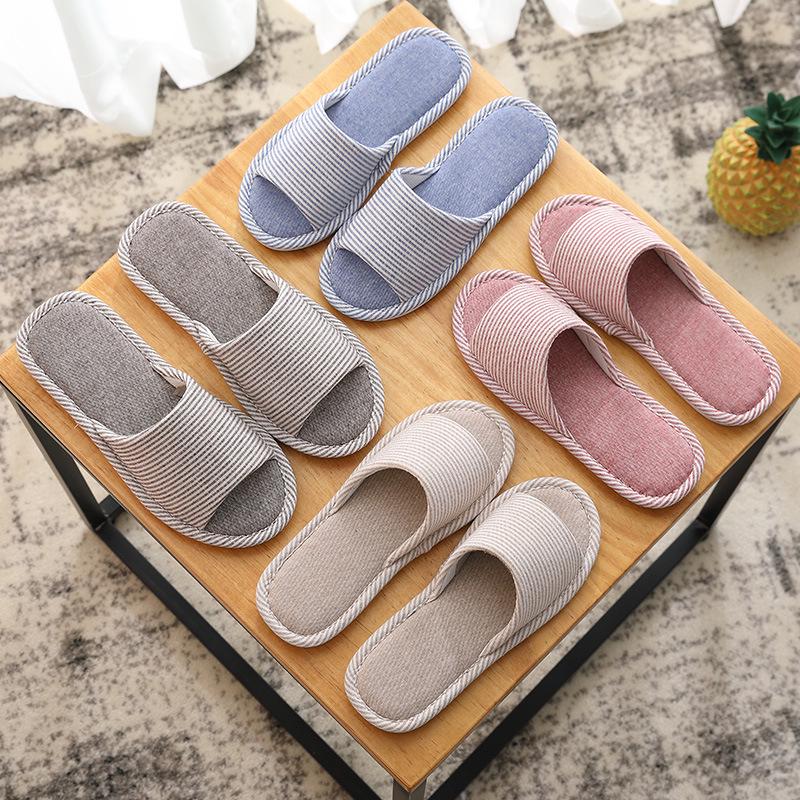 Полосатые льняные тапочки - Четыре сезона Домашние хлопковые мужские и женские тапочки на толстой подошве