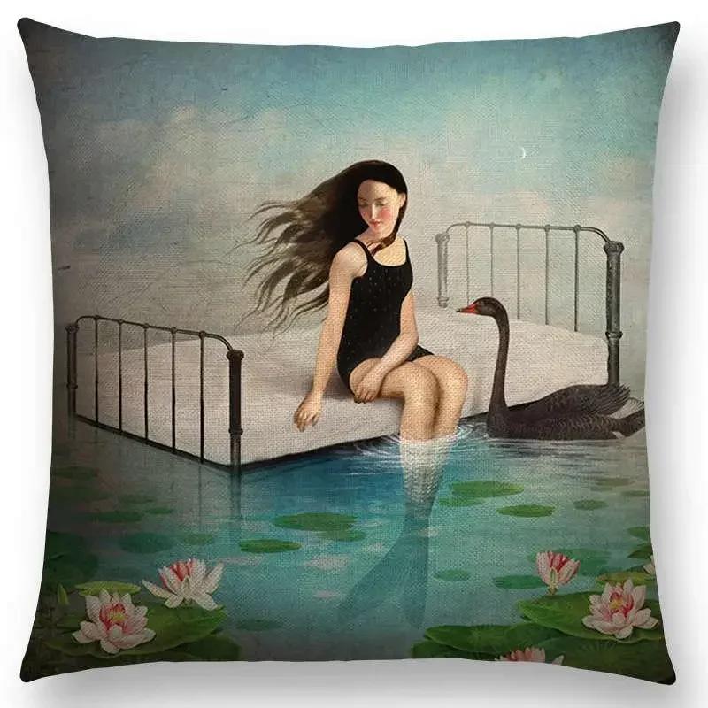 45x45cm Elegant Women Lovely Girl Shakespeare Fantasy Painting Moon Night Swan Dream Tree Cushion Cover Sofa Throw Pillow Cover