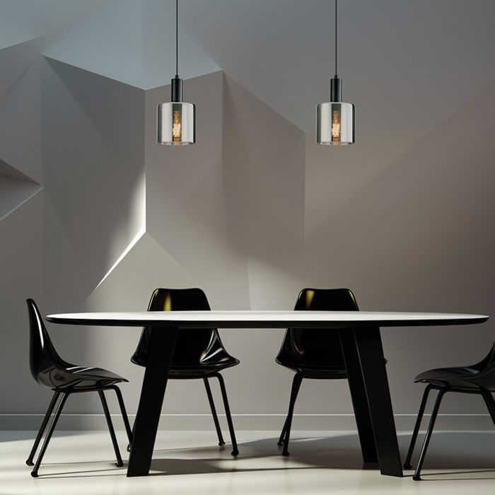 Современный декоративный подвес E27 из дымчатого стекла и черного металла