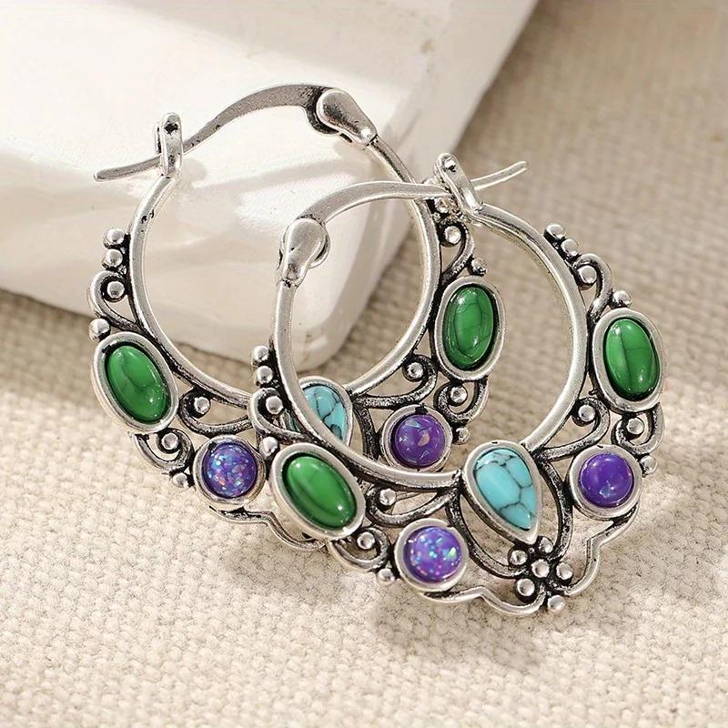 Серьги-кольца в богемном стиле с инкрустацией синтетической бирюзой, женские, винтажные, с серебристым покрытием, для банкета, праздничные, ювелирные аксессуары