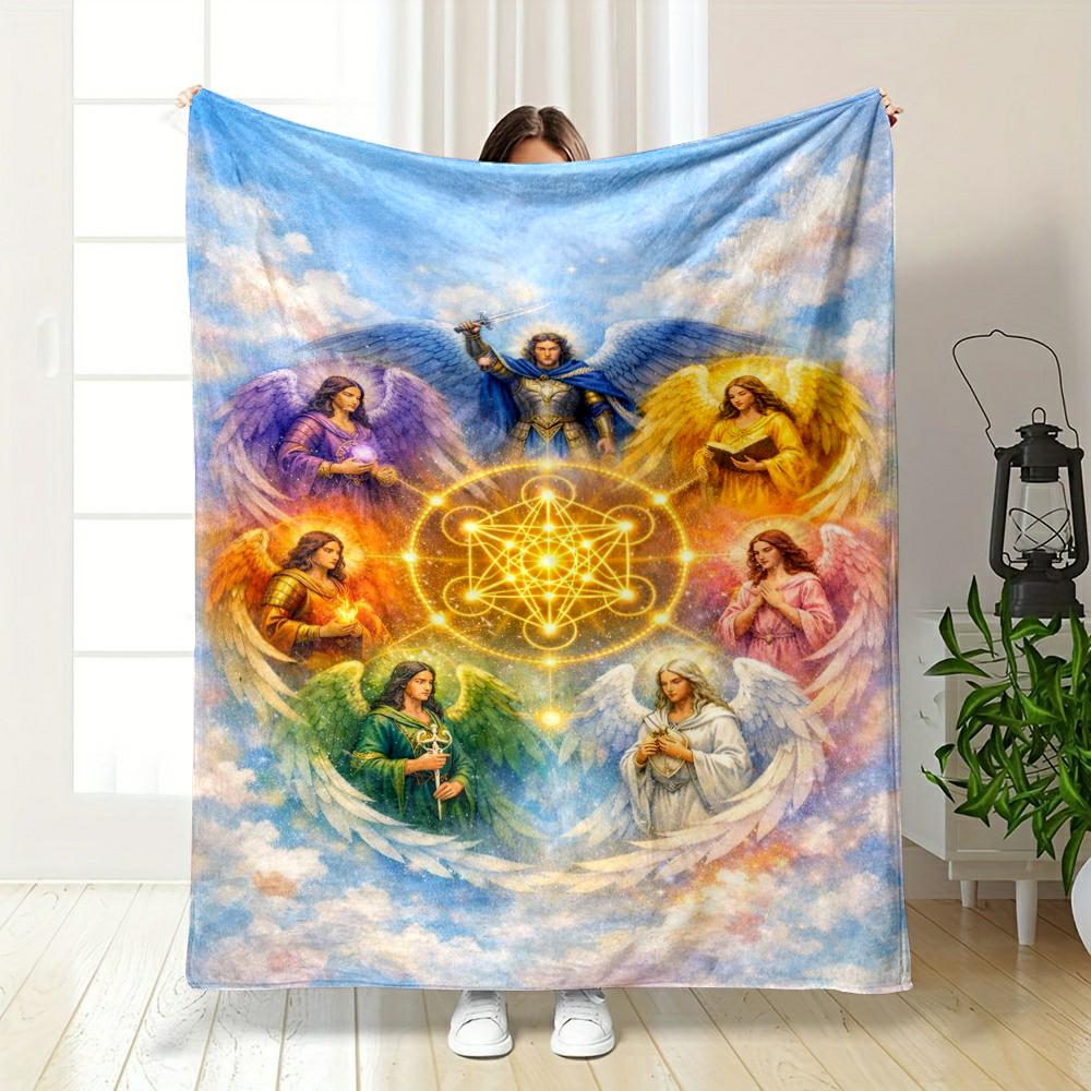 Fleece Blanket - Seven Archangels Metatron Cube Sacred Geometry Wings Spiritual Art Decor for Gift to Fans