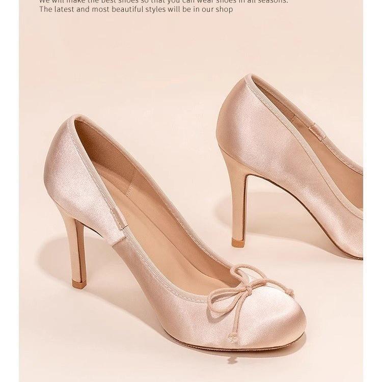 Французский новый темперамент 2025 балетная поверхность атласный стиль бант одна педаль одиночные туфли шпильки высокие каблуки женские круглая голова