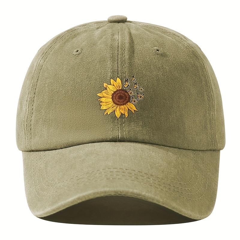 pc Unisex Sunshade Washed Distressed Baseball Cap With Sunflower Butterfly Pattern For Outdoor Sport Ideal choice for Gifts