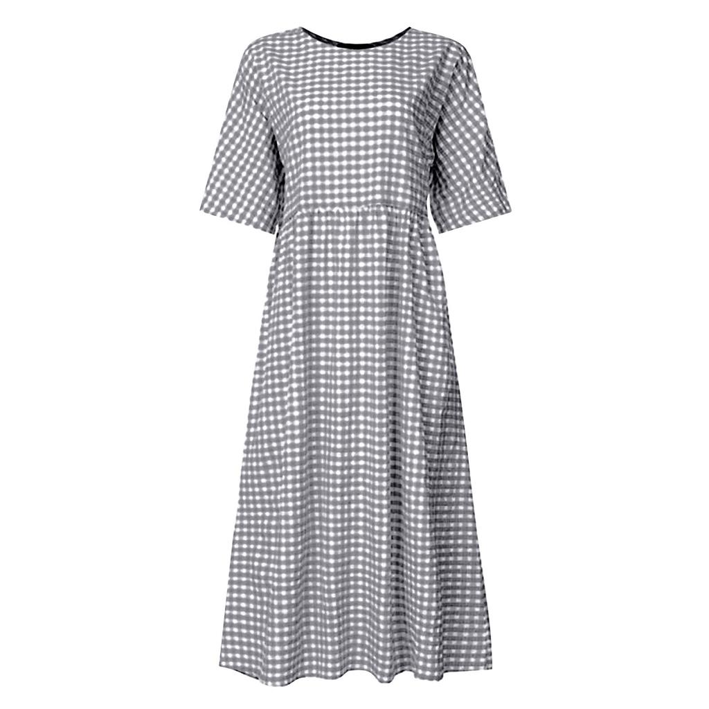Women's Casual Literary Temperament Plaid Short-sleeved Round Neck Hem Dress