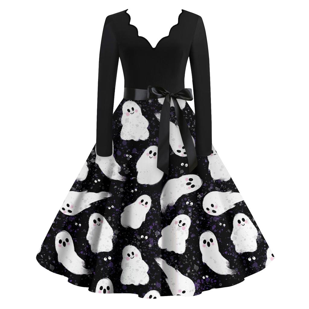 Женские повседневные модные винтажные длинные платья с длинным рукавом на Хэллоуин и графическим принтом