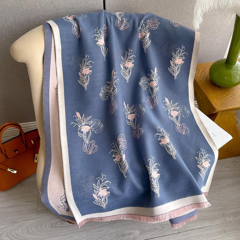 Korean Version Printed Imitation Cashmere Scarf Women'S Winter Double-Sided Thickened Neck Protection Scarf Air Conditioner Shawl