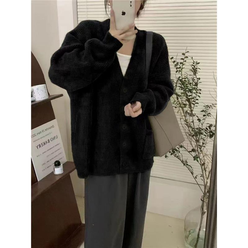 Винтажный ленивый кардиган V-образного выреза, вязаный, для женского осенне-зимнего сезона, новый, свободный, универсальный, на пуговицах, куртка-свитер для женщин