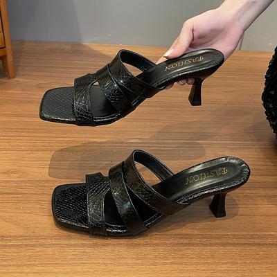 Блестящие Роскошные Шлепанцы с Декором из Страз Женские С Квадратным Носком На Тонком Высоком Каблуке Летние Туфли для Вечеринки Свадебные Туфли