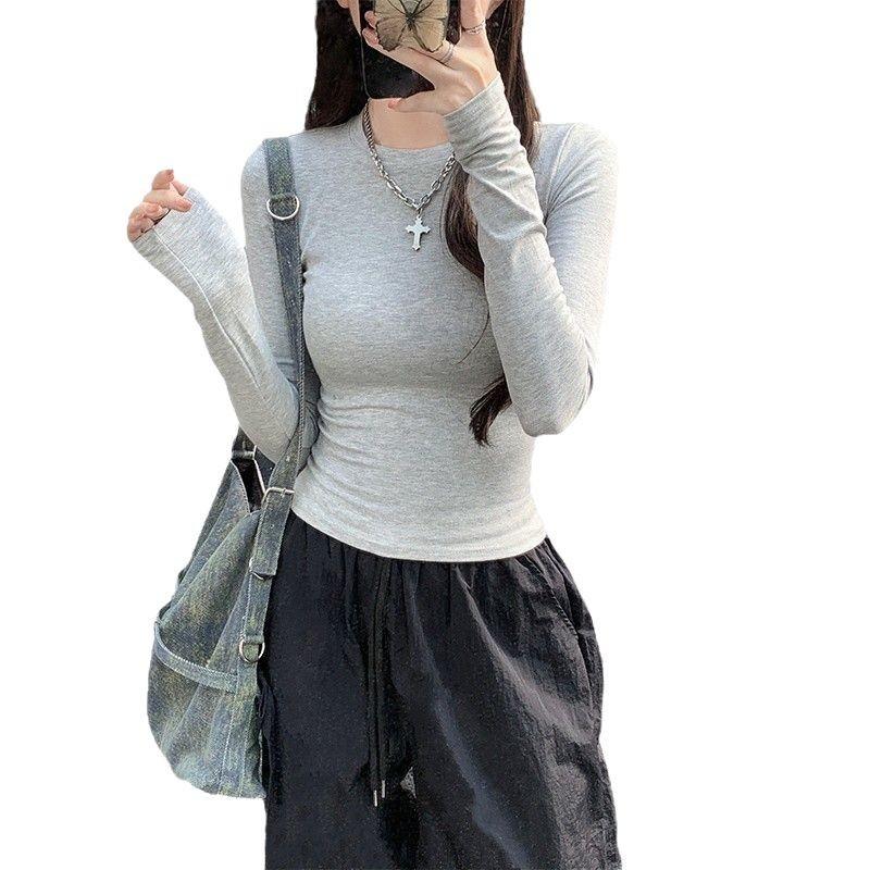 SCIONE Solid Color Simple Slim Round Neck Long Sleeve T-shirt Straight Shoulder Short Slim Tight-fitting Bottoming Shirt Tops