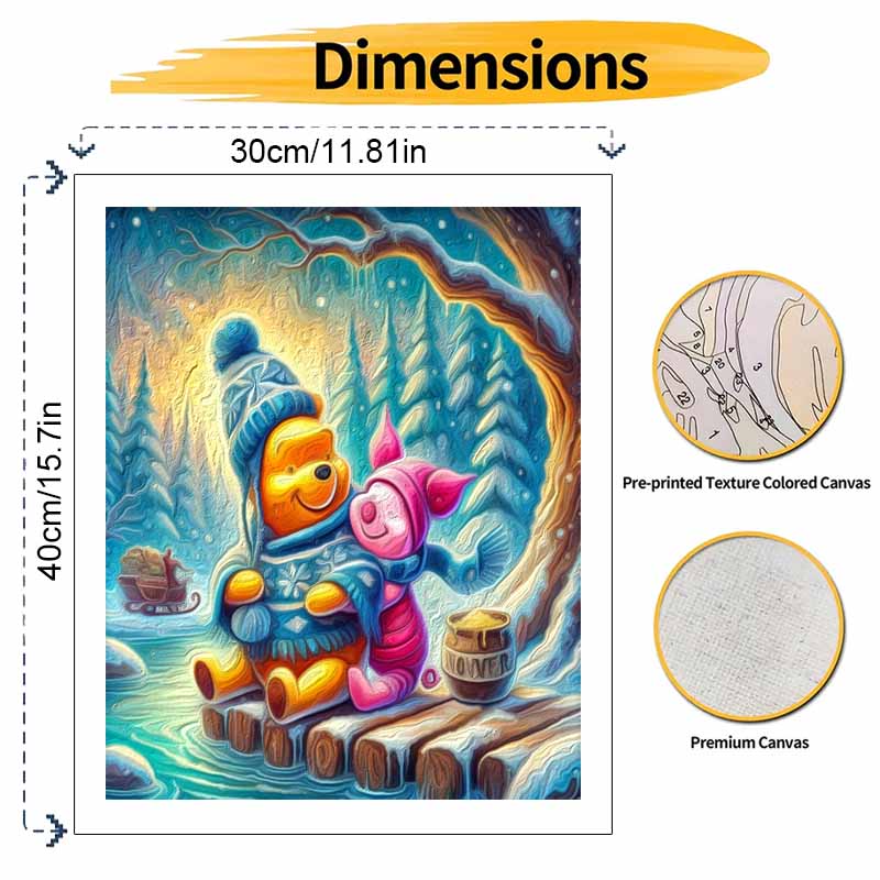 Disney Winter Winnie Piglet Oil Paint Art Painting Kit Home Wall Decor Handmade Gift Holiday Snow Pine Tree Cozy Artwork Craft Supplies