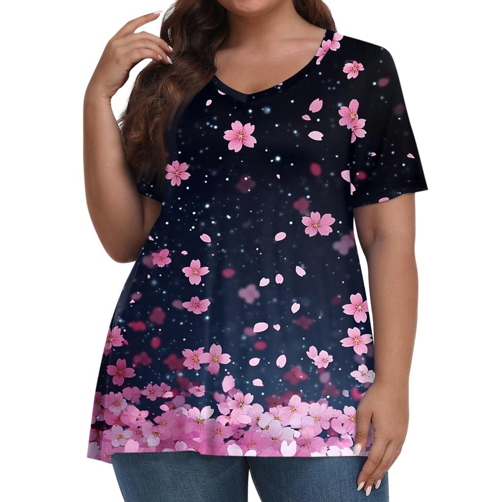 Женская мода повседневная футболка с коротким рукавом и V-образным вырезом большого размера с принтом