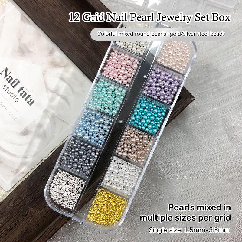 6/12 Grids/Box Colorful Round Pearls Nail Beads Charms Caviar Jewels Half Round Pearl Gems for DIY Nail Art Decoration