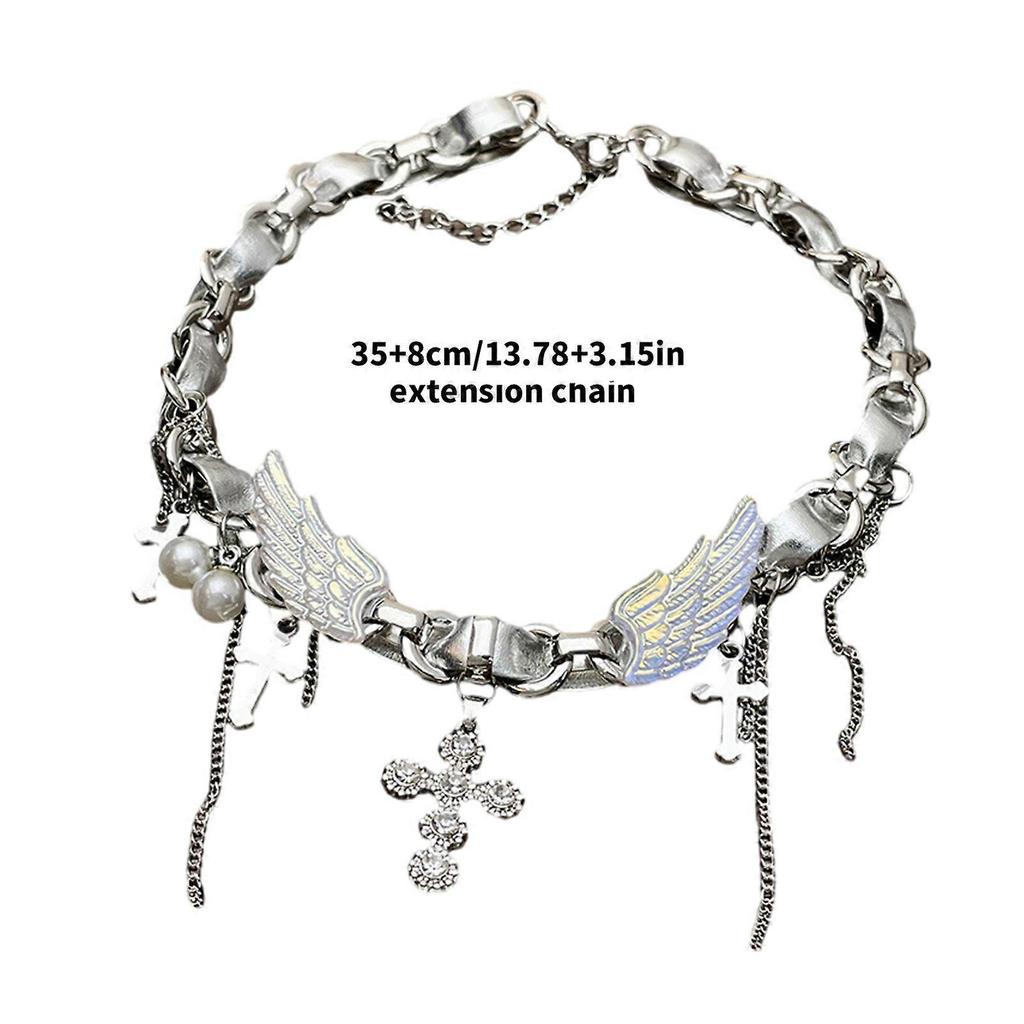 Stylish Clavicle Chain Adjustable Choker with Angelic Wing and Crucifix Charm Handmade Jewelry for Girls and Women