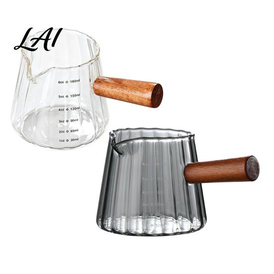 Home Bar Coffee Accessories Frothing Pitcher with Wooden Handle High Borosilicate Glass Cup Measuring Small Cocktail Mixing Scale Vertical