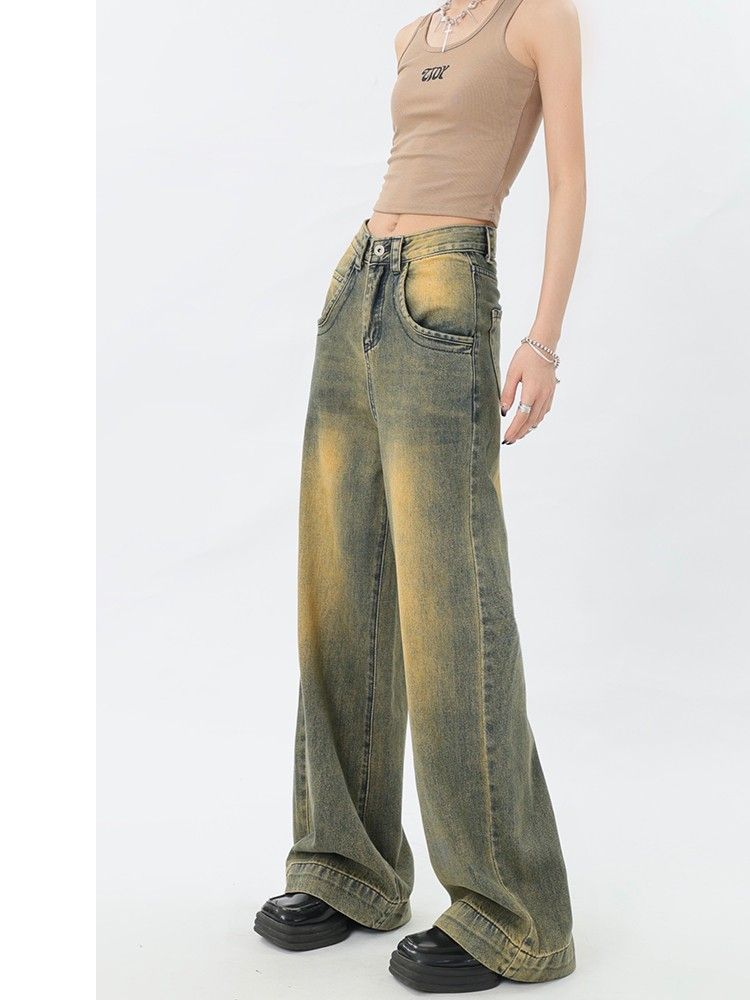 Американский ретро-градиентный дизайн, прямая трубка с высокой талией, свободные и узкие новые женские джинсы в стиле ретро.