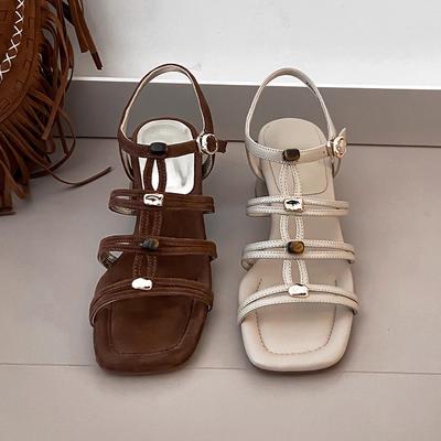 Темпераментные женские летние сандалии из овчины с бисером, плетеные, на толстом каблуке, с квадратным носком и открытым носком