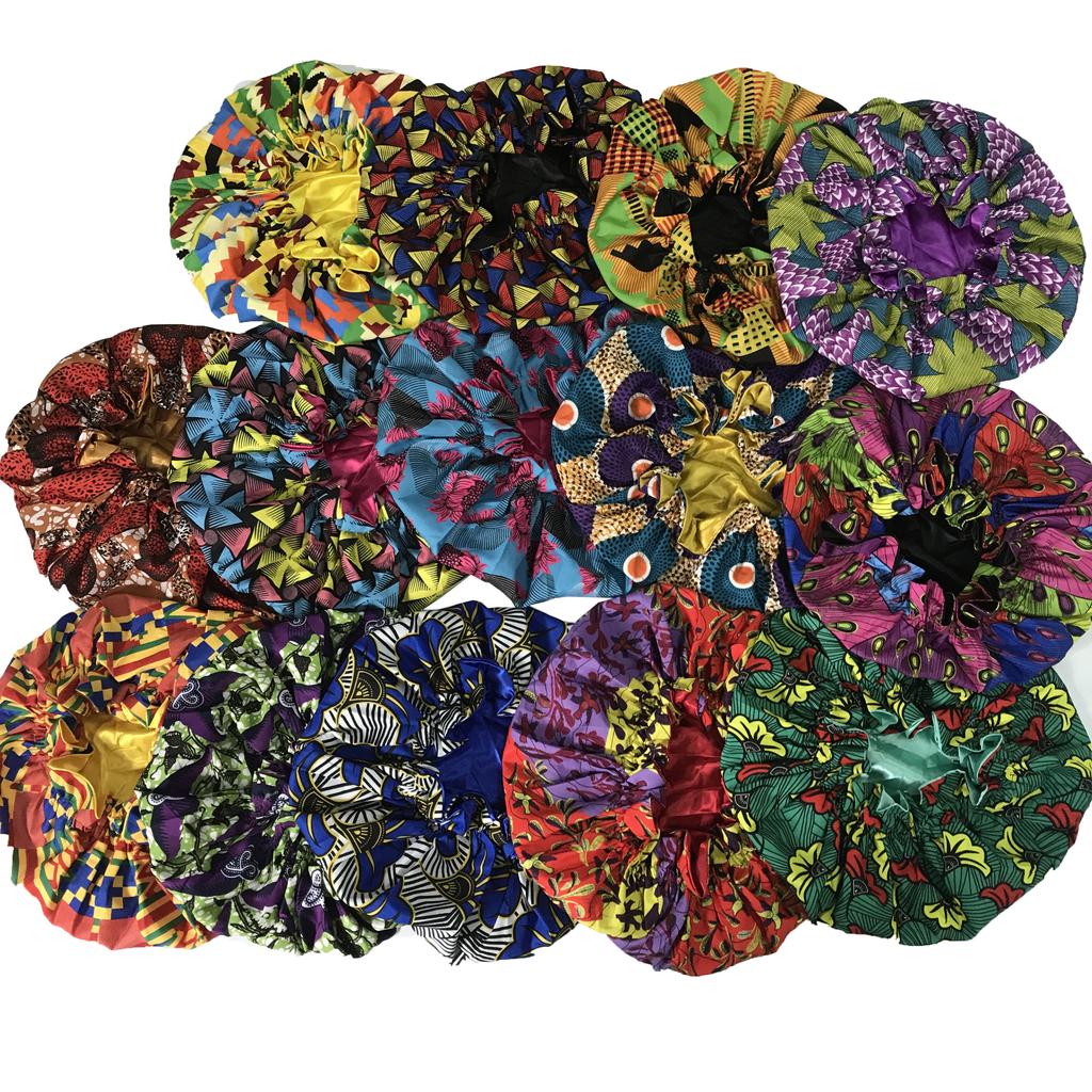 Fashion African Style Ankara Pattern Bonnet Set Daily and Night Wear Sleep Caps Colorful Satin Silk Hair Bonnet