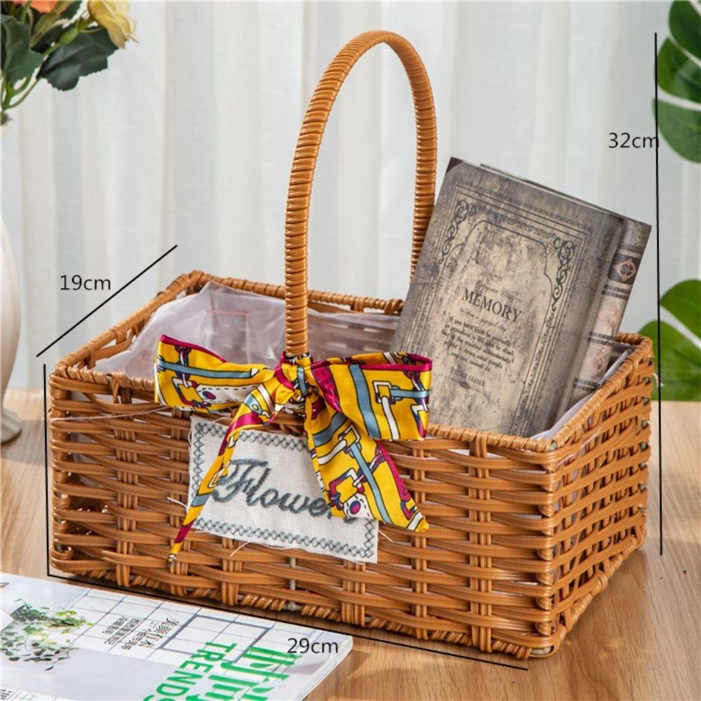 Корзина для фруктов из искусственного ротанга ручной работы, корзина для хранения из искусственного ротанга с длинной ручкой, ко Дню святого Валентина