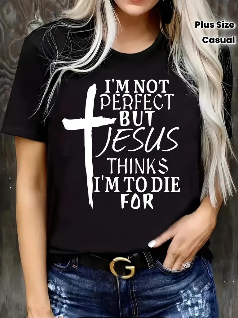 Plus Size Cross & Letter Print T-Shirt, Casual Short Sleeve Top For Spring & Summer, Women's Plus Size Clothing