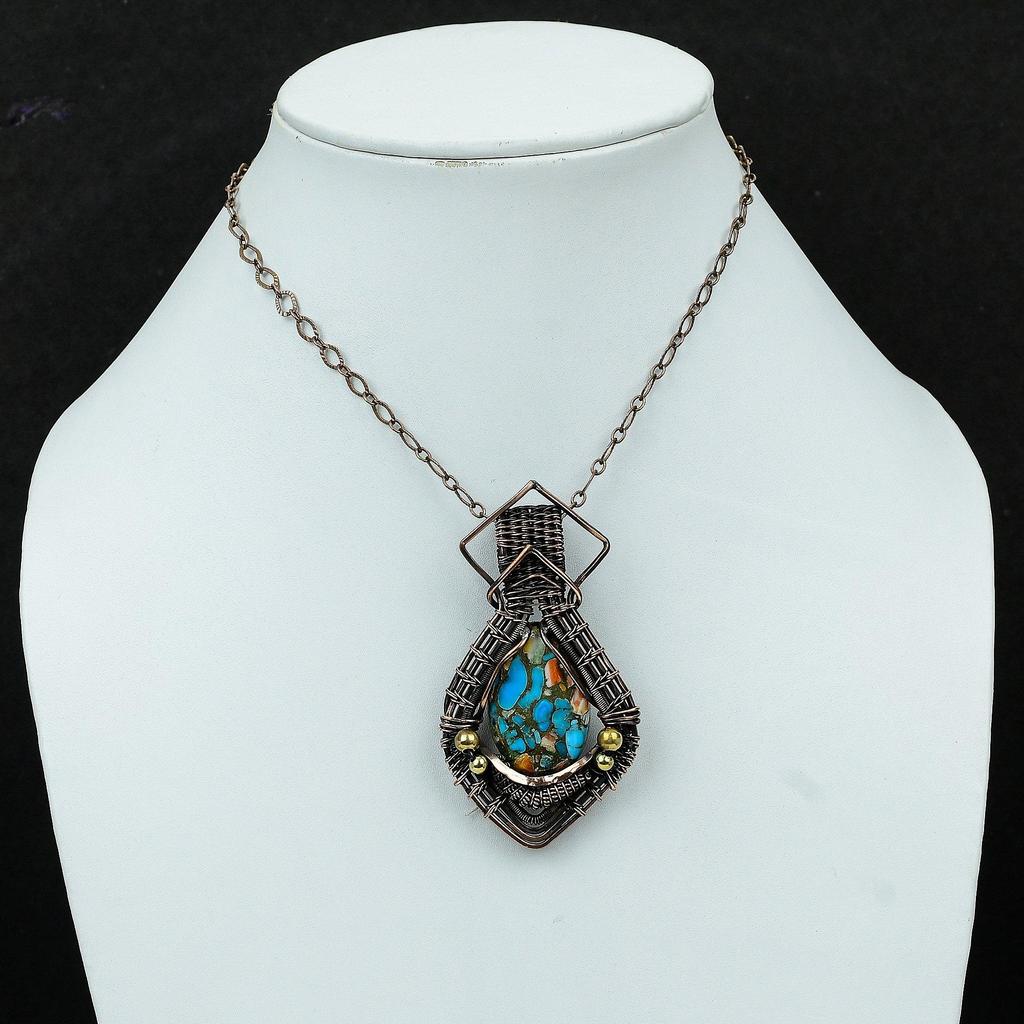 Колючая устрица, медная бирюзовая подвеска, медная проволока, обернутая подвеской с драгоценным камнем, дизайнерская подвеска, медная проволока ручной работы, ювелирный подарок для нее