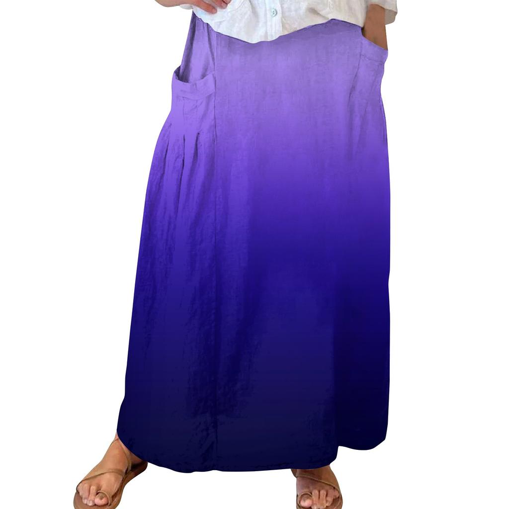Women Casual Loose Boho Elastic Waist A-Line Beach Flowy Swing Vacation Maxi Skirt With Pocket