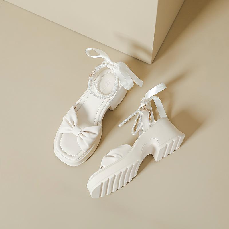 Platform sandals women's spring and summer new pearl word with bow fashion single shoes fairy style thick heel open-toed women's shoes