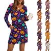 Women's Fashionable V-neck Long Sleeved Drawstring With Pocket Halloween Printed Casual Dress