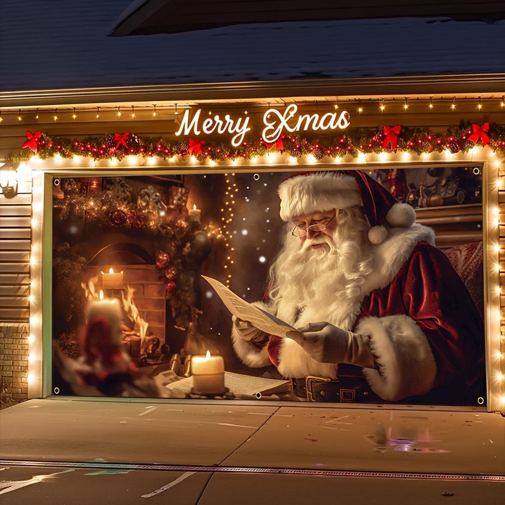 Santa Claus reading and fireplace Christmas garage banner,suitable for winter celebrations and New Year's front porch de