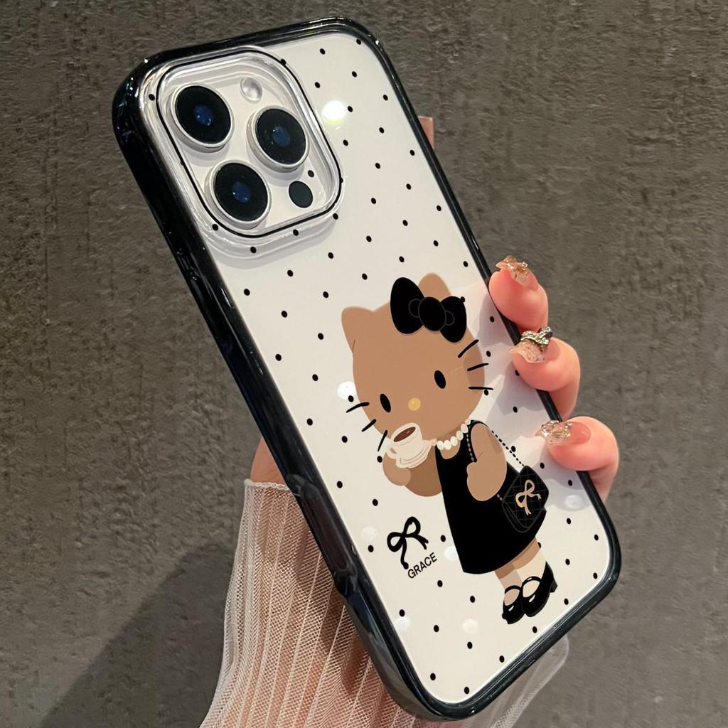 Прозрачный чехол для телефона Coffee Kitty для Apple 17ProMax, 16ProMax, 17Pro, 15, 14 с черным краем - Милый дизайн