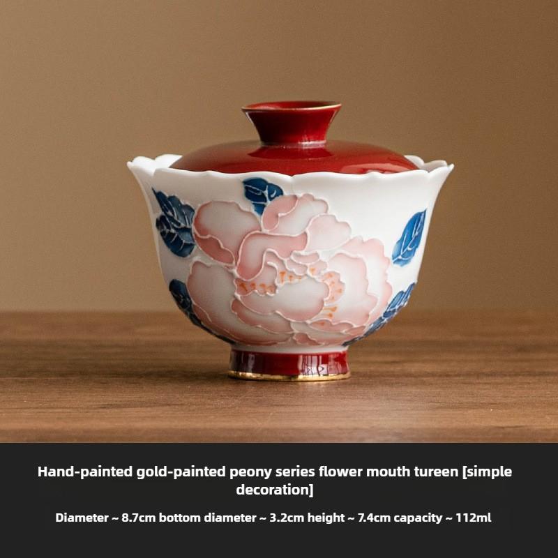 Hand-painted Relief Gold Peony Flower Lid Bowl Tea Cup Single High-end Kung Fu Tea Set Ceramic Tea Bowl with Lid