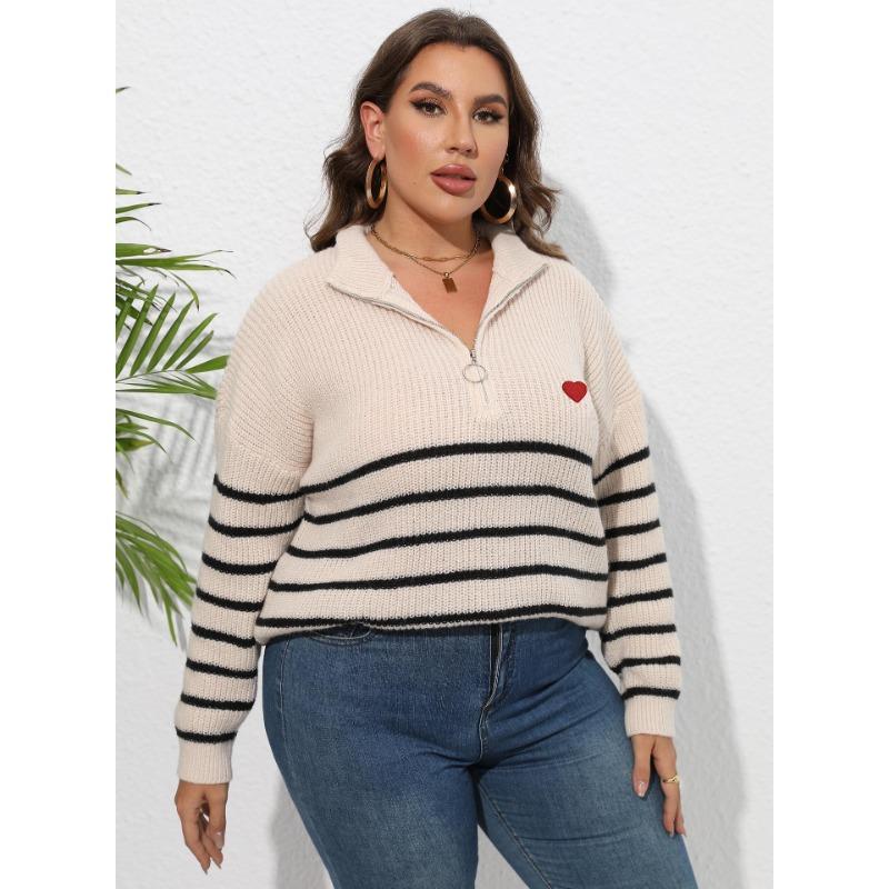 Женский осенне-зимний свитер большого размера в полоску в стиле пэчворк с полувысоким воротом на молнии
