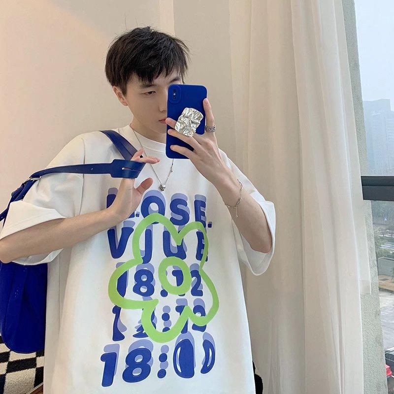 2024 Summer Short Sleeved T-Shirt For Men'S Trendy Five Inch Sleeve Versatile Casual Loose Student Half Sleeved T-Shirt Daily Fashion Printed Top