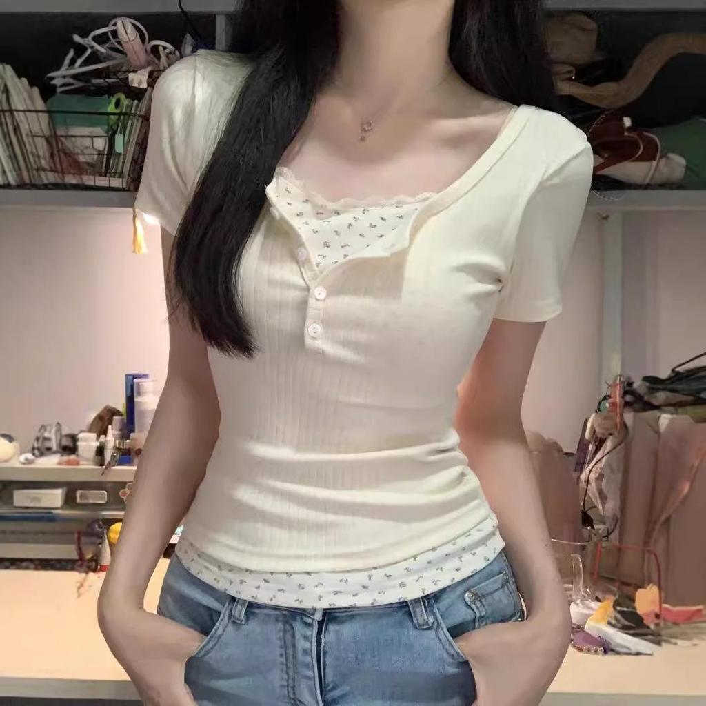 Женская облегающая футболка с кружевным цветочным узором в стиле пэчворк - летний изящный шик, стиль Pure Desire, с короткими рукавами