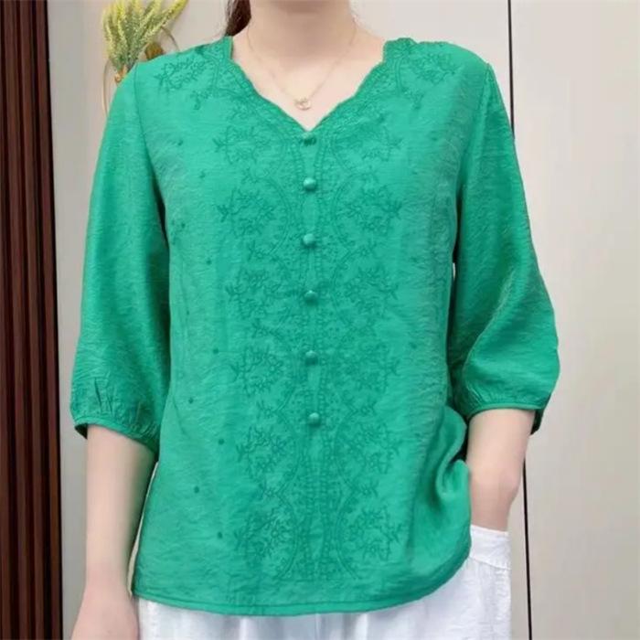 Vintage Embroidery Cotton Linen V-neck Mid Sleeve Casual Fashionable Loose Fit Women's Clothing Summer High End