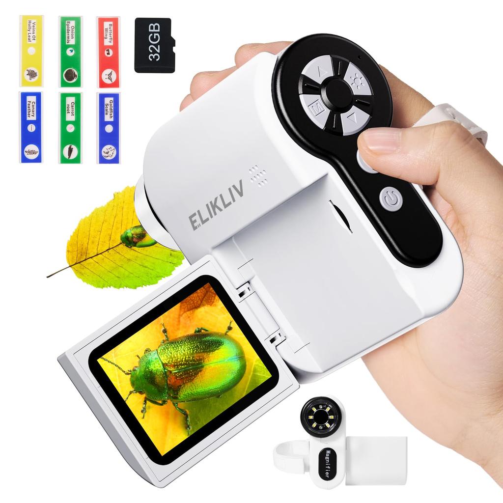 Карманный микроскоп, Детский микроскоп Elikliv, Микроскоп цифровой ручной 3 в 1 для ученика начальной школы, Максимальное увеличение 1000x, 2 дюйма